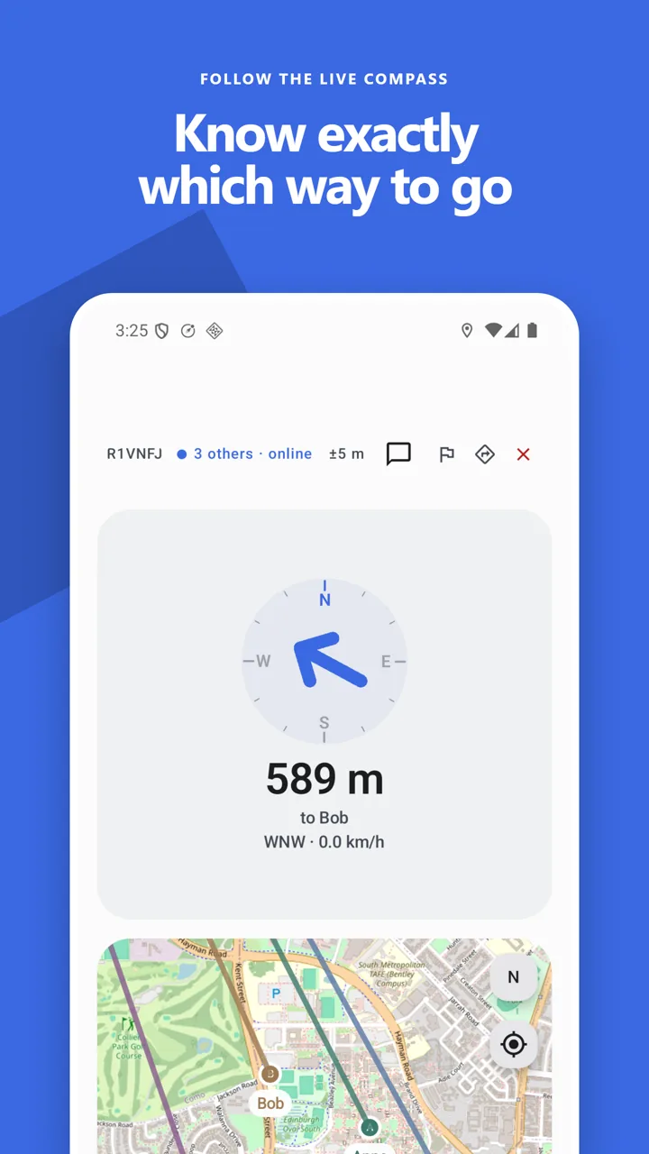Follow Wherio's live compass toward a friend