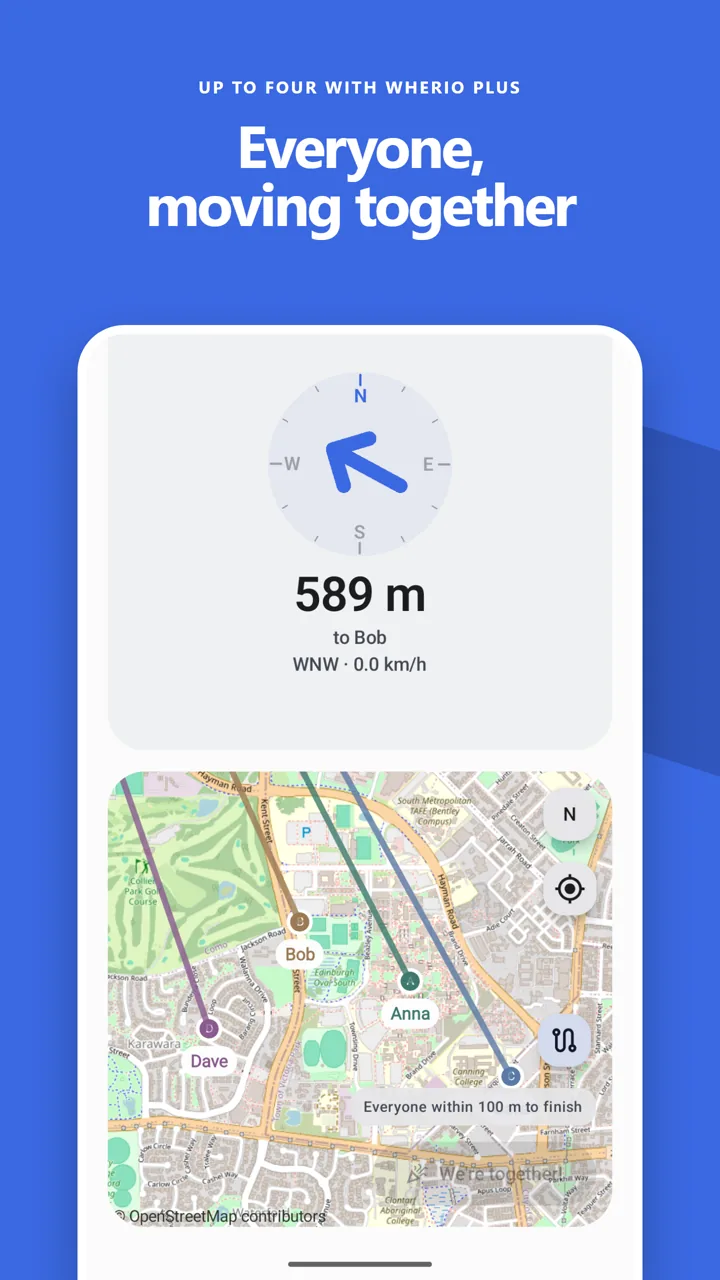 Four friends moving together on a Wherio group map