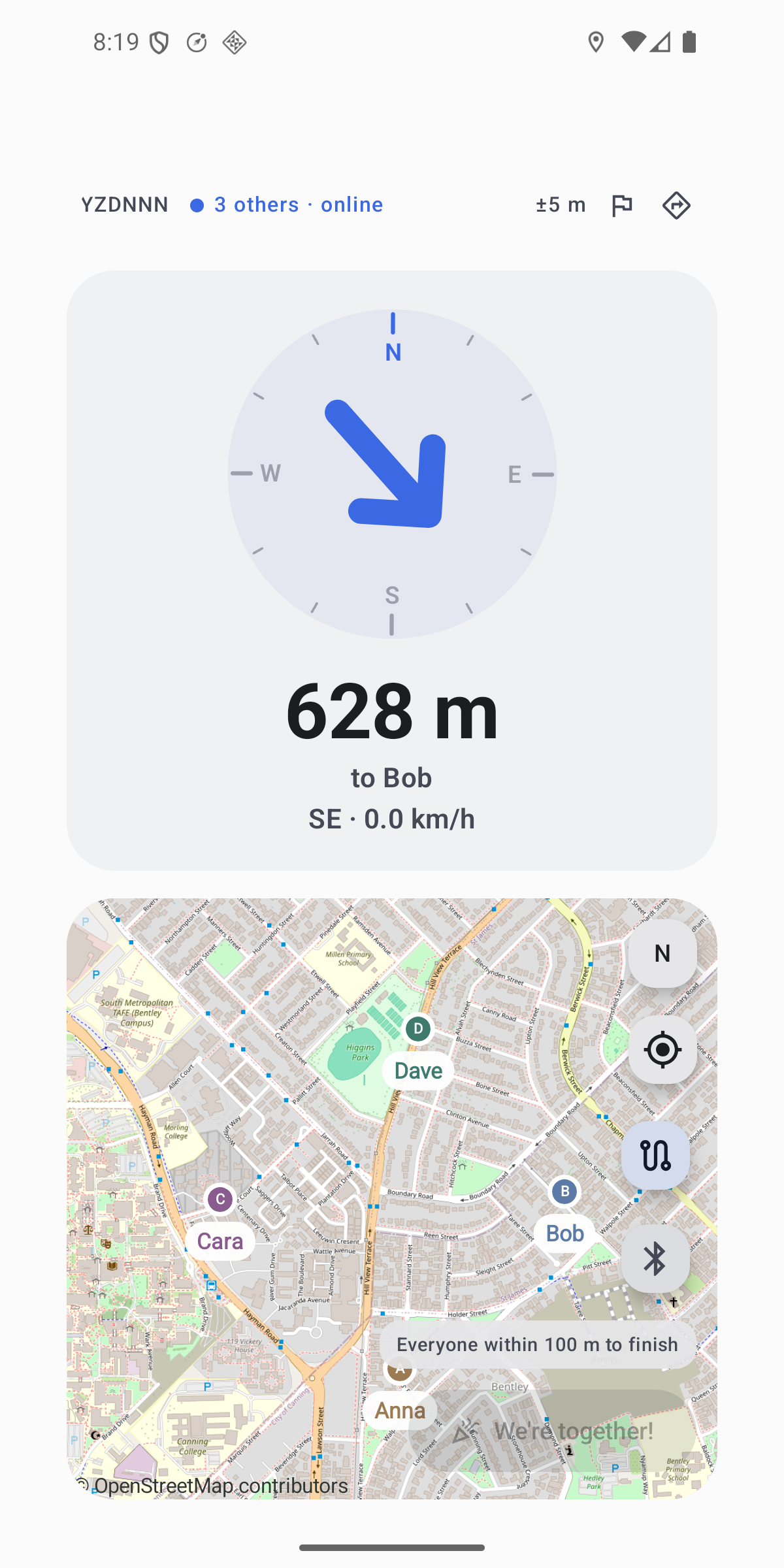 wherio session screen: a compass arrow pointing at a friend above a live map