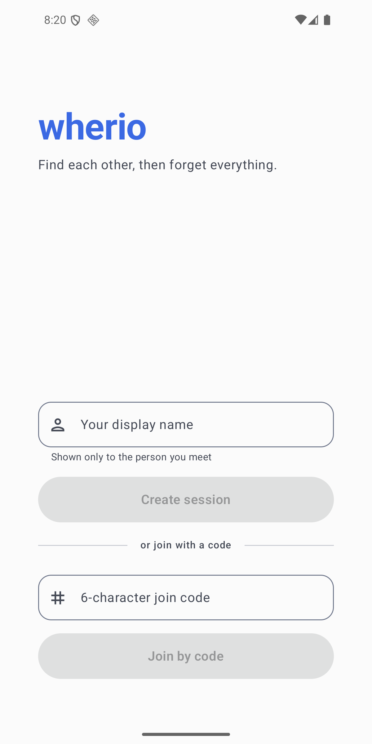 wherio home screen with start and join controls